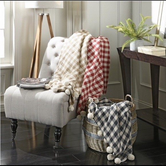 Checked Pom Pom Blanket Cotton Throw TAN Farmhouse Cabin Cottagecore